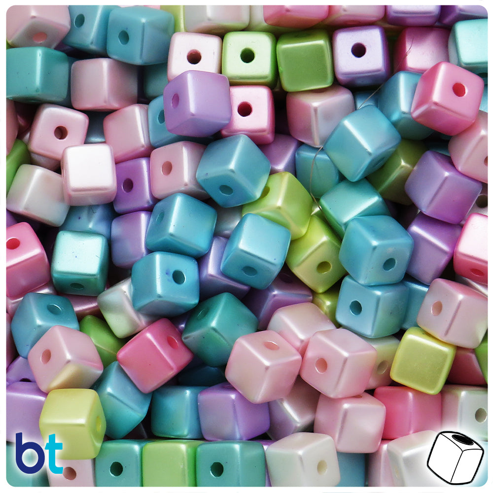 Mixed Pastel Pearl 9mm Cube Plastic Beads (100pcs)