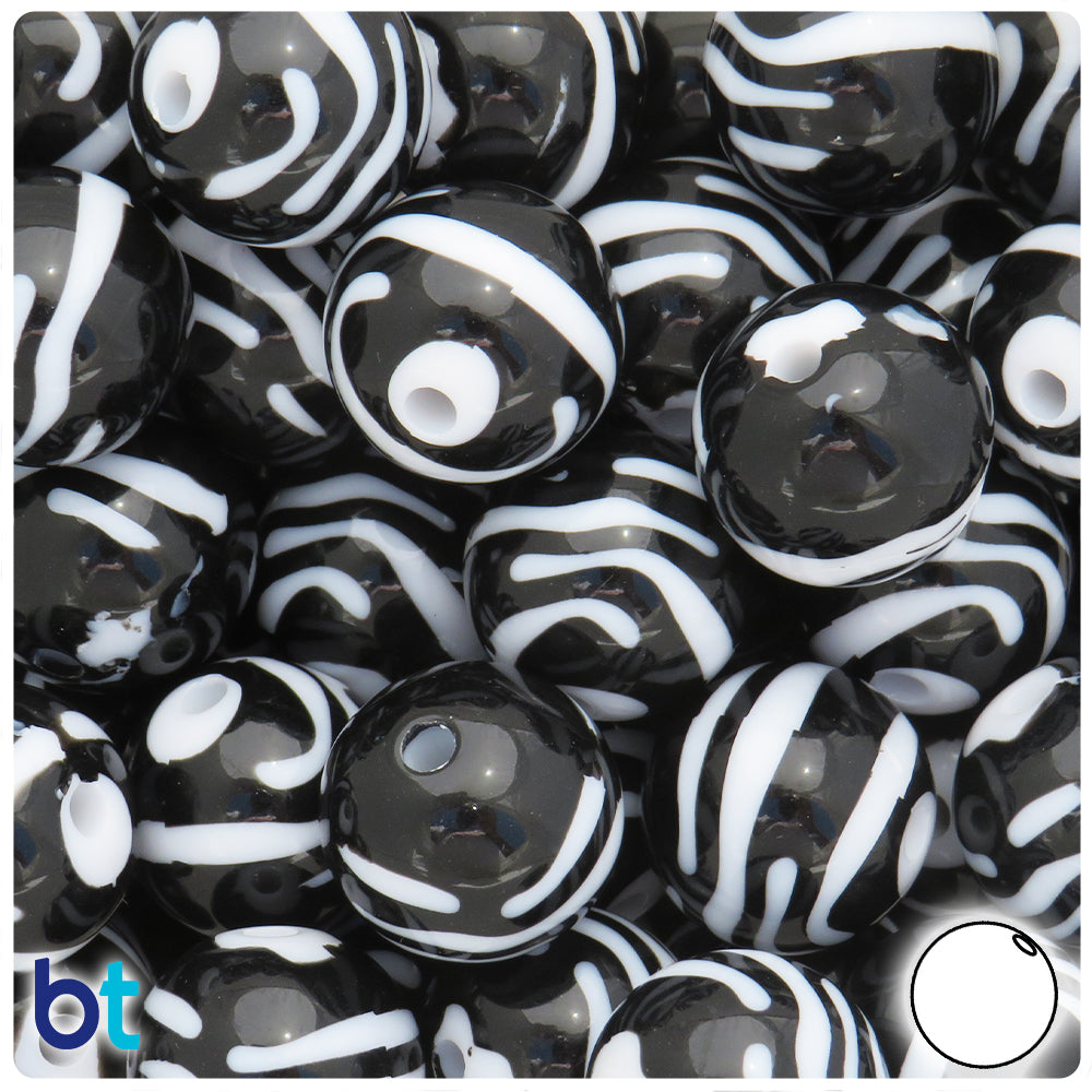 Black Opaque 19mm Round Plastic Beads - White Zebra Stripes (12pcs)
