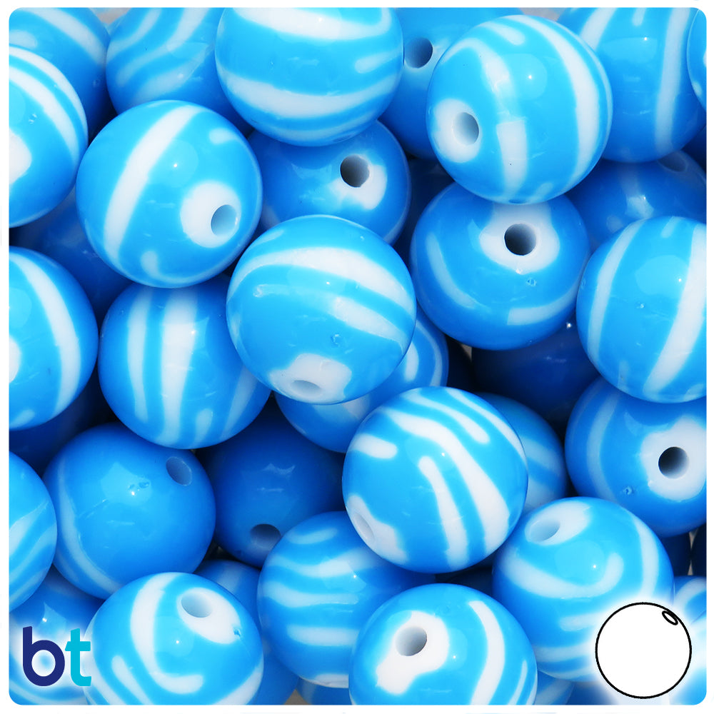 Light Blue Opaque 19mm Round Plastic Beads - White Zebra Stripes (12pcs)