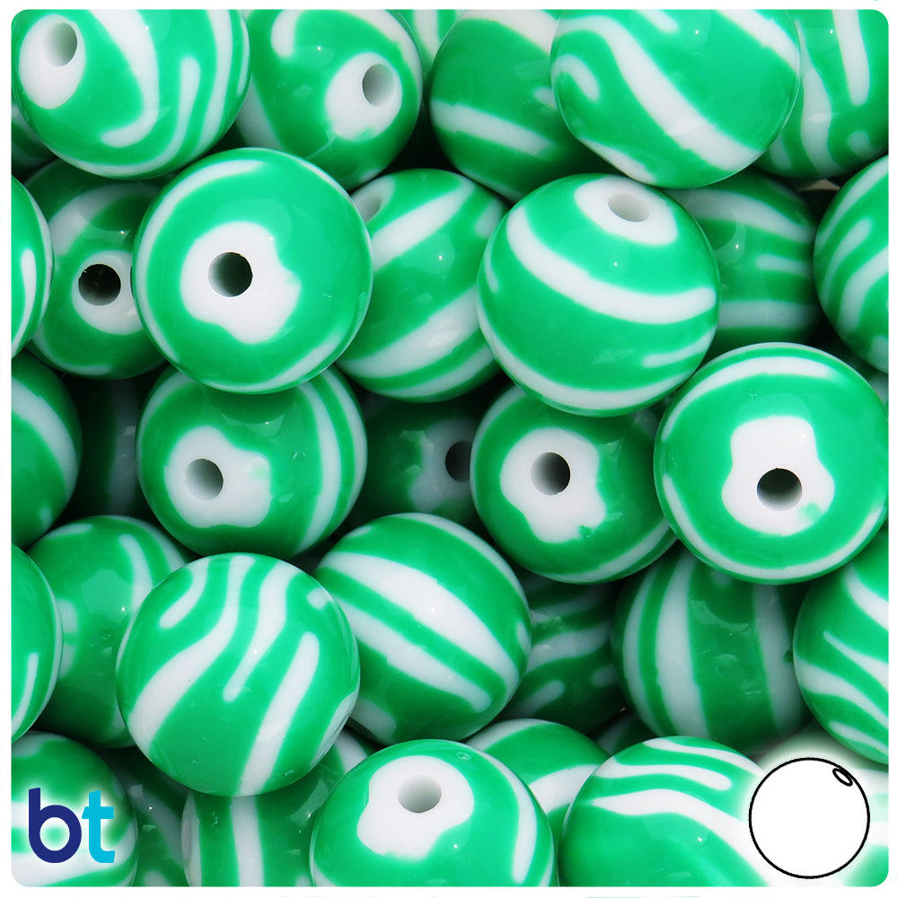Green Opaque 19mm Round Plastic Beads - White Zebra Stripes (12pcs)