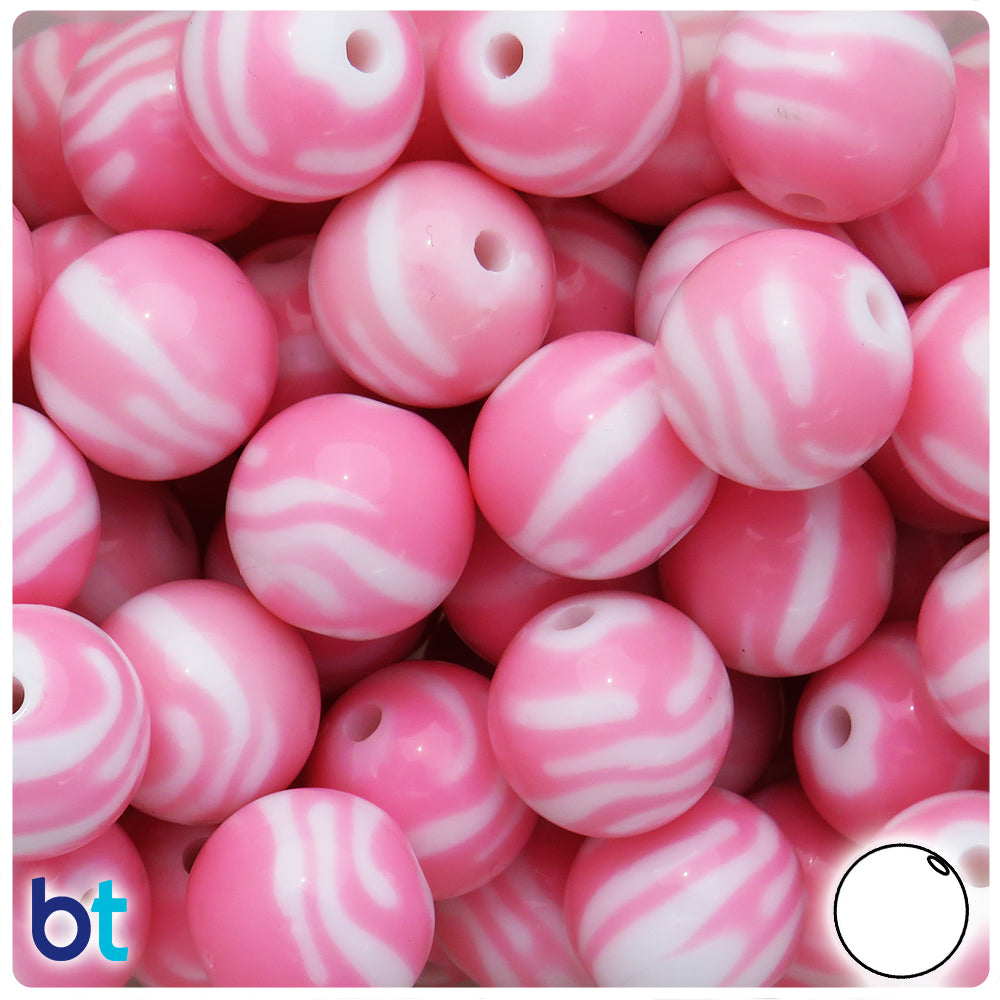 Light Pink Opaque 19mm Round Plastic Beads - White Zebra Stripes (12pcs)