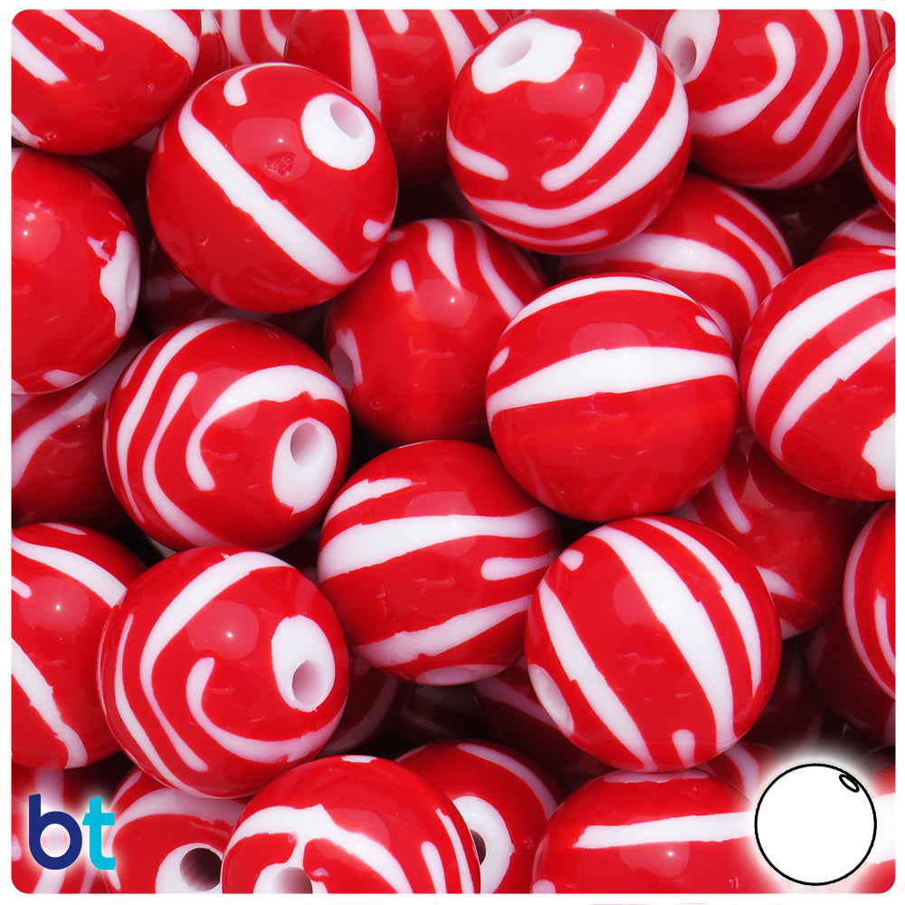Red Opaque 19mm Round Plastic Beads - White Zebra Stripes (12pcs)