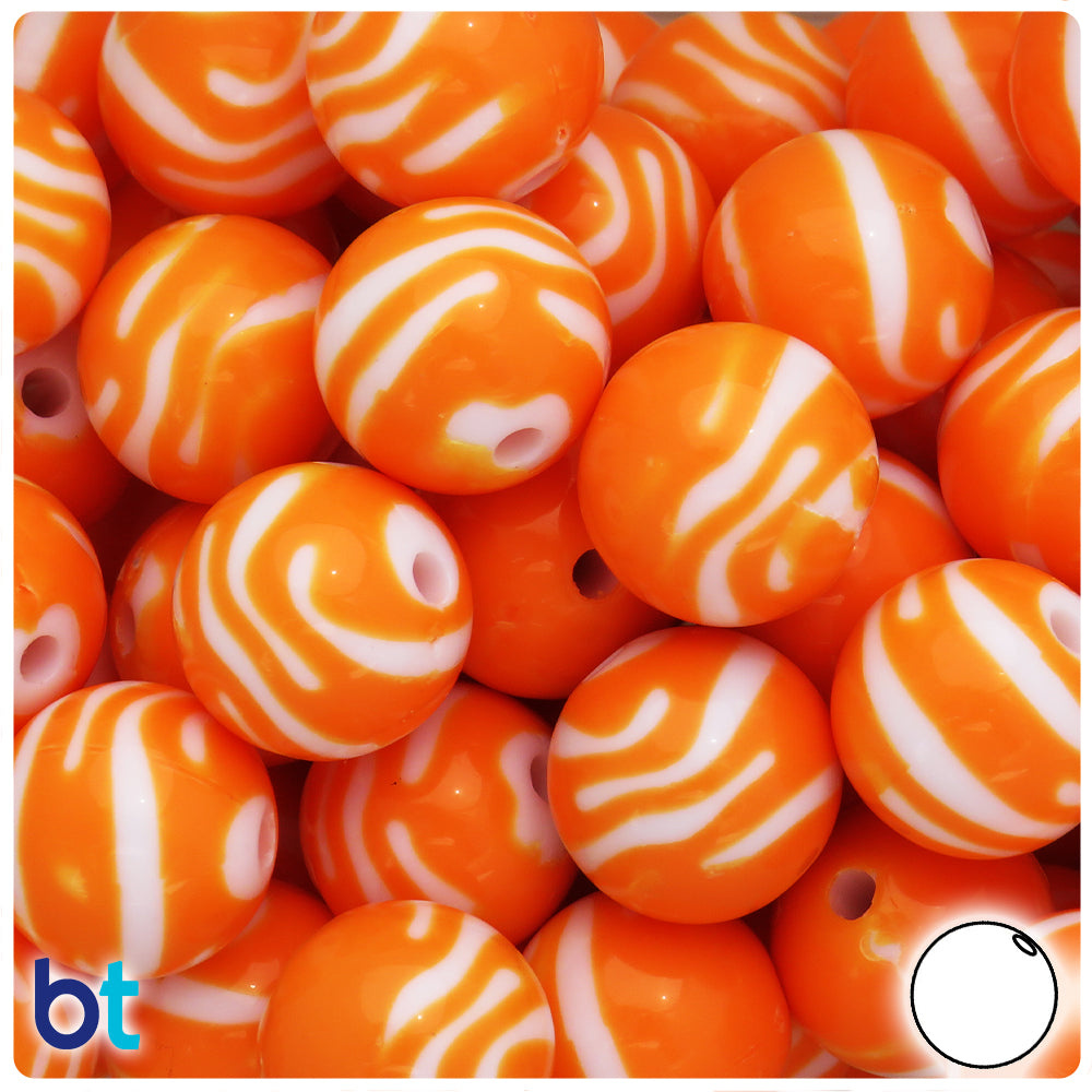 Orange Opaque 19mm Round Plastic Beads - White Zebra Stripes (12pcs)