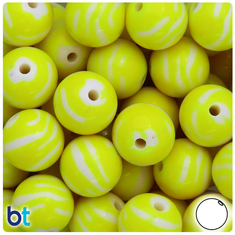 Yellow Opaque 19mm Round Plastic Beads - White Zebra Stripes (12pcs)