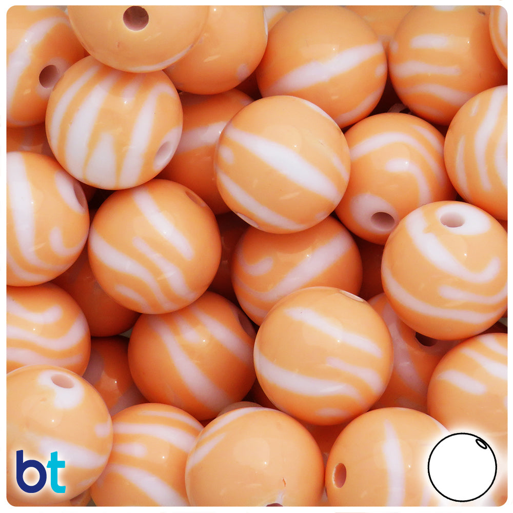 Light Orange Opaque 19mm Round Plastic Beads - White Zebra Stripes (12pcs)