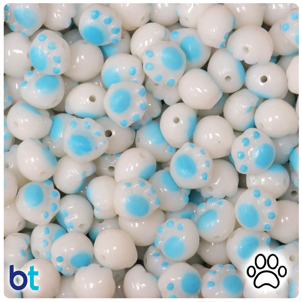 White Opaque 12mm Paw Print Plastic Beads - Blue Details (50pcs)