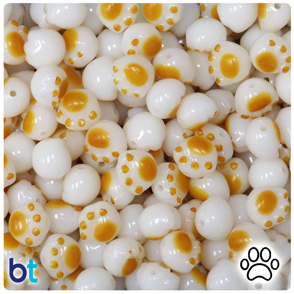 White Opaque 12mm Paw Print Plastic Beads - Brown Details (50pcs)