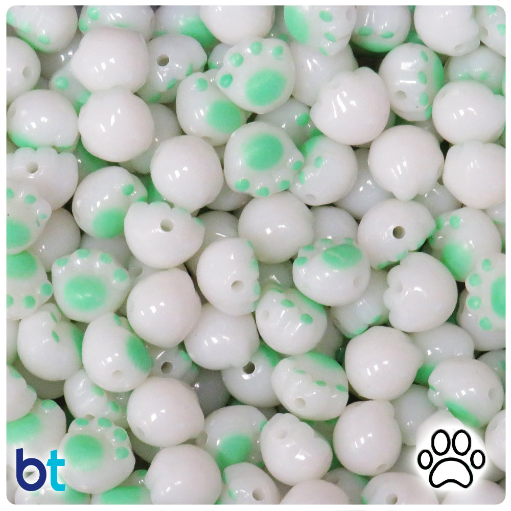 White Opaque 12mm Paw Print Plastic Beads - Green Details (50pcs)