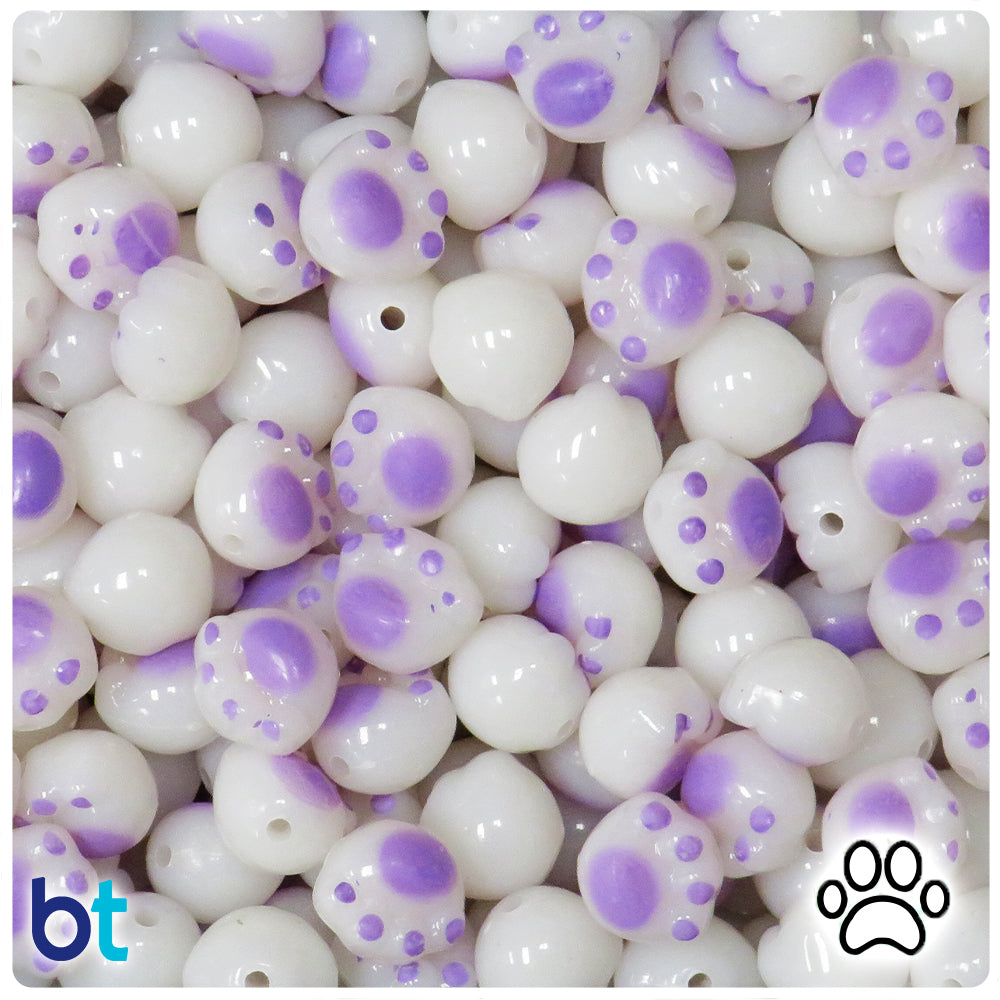 White Opaque 12mm Paw Print Plastic Beads - Purple Details (50pcs)