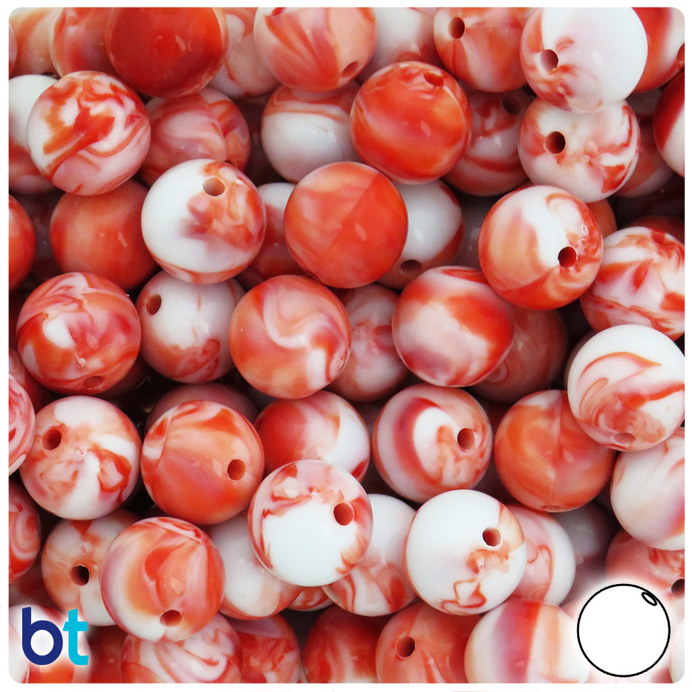 Red Marbled 14mm Round Plastic Beads (40pcs)