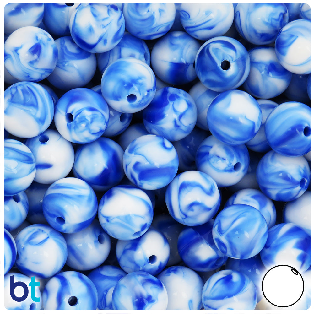 Blue Marbled 14mm Round Plastic Beads (40pcs)