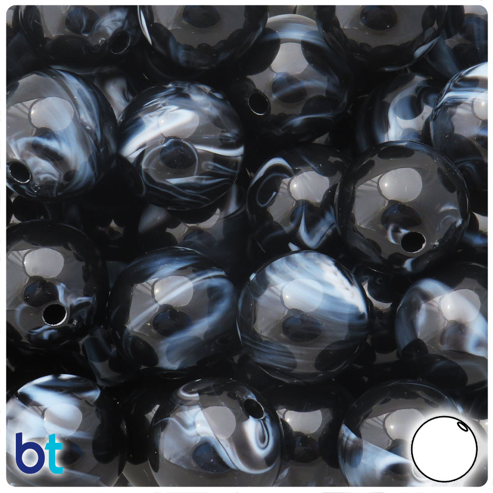 Black Marbled 20mm Round Plastic Beads (10pcs)