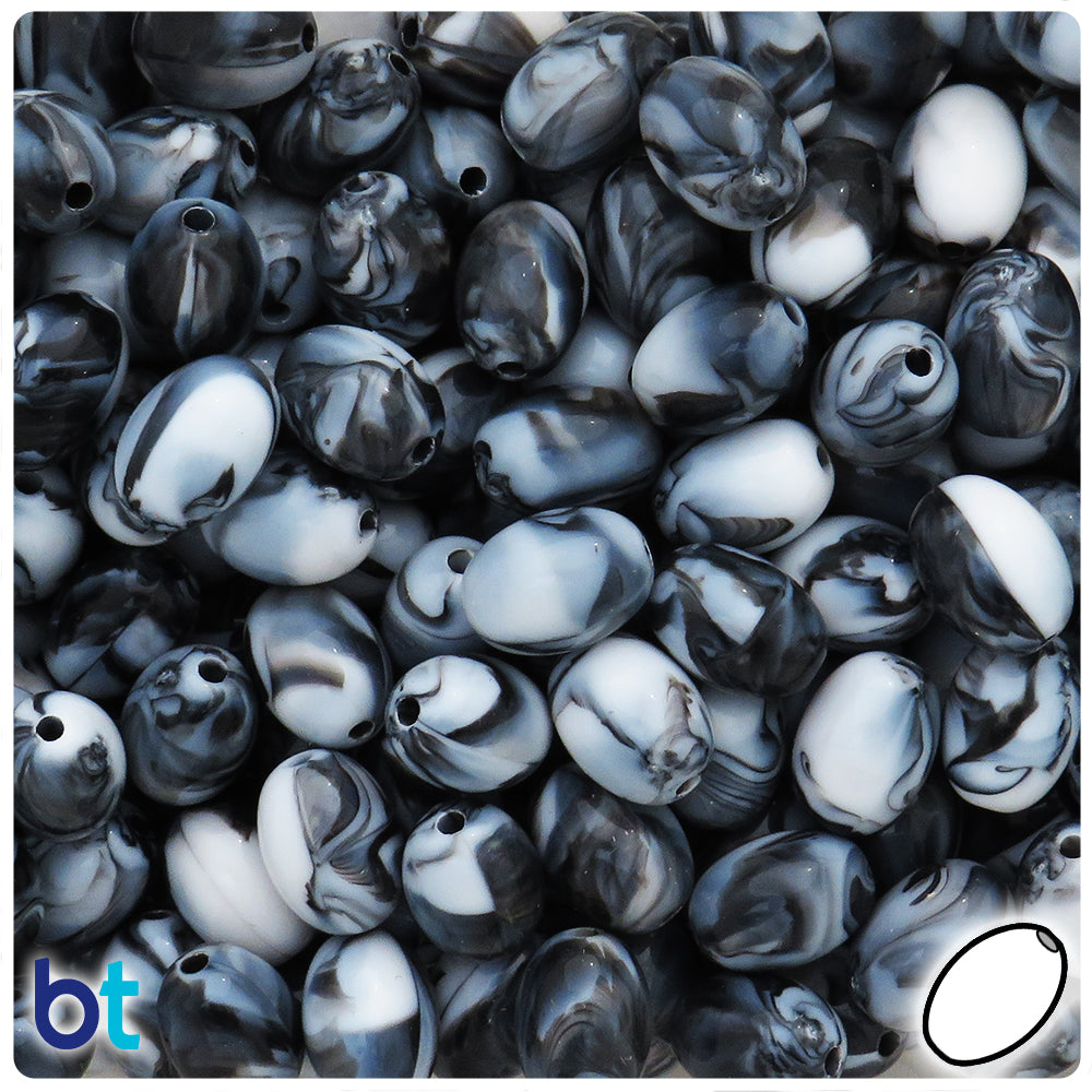 Black Marbled 13mm Oval Plastic Beads (60pcs)