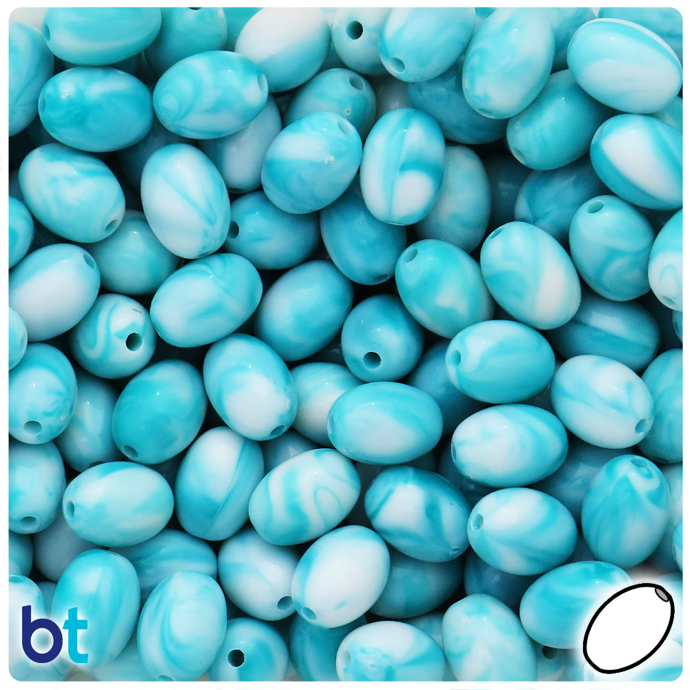 Turquoise Marbled 13mm Oval Plastic Beads (60pcs)