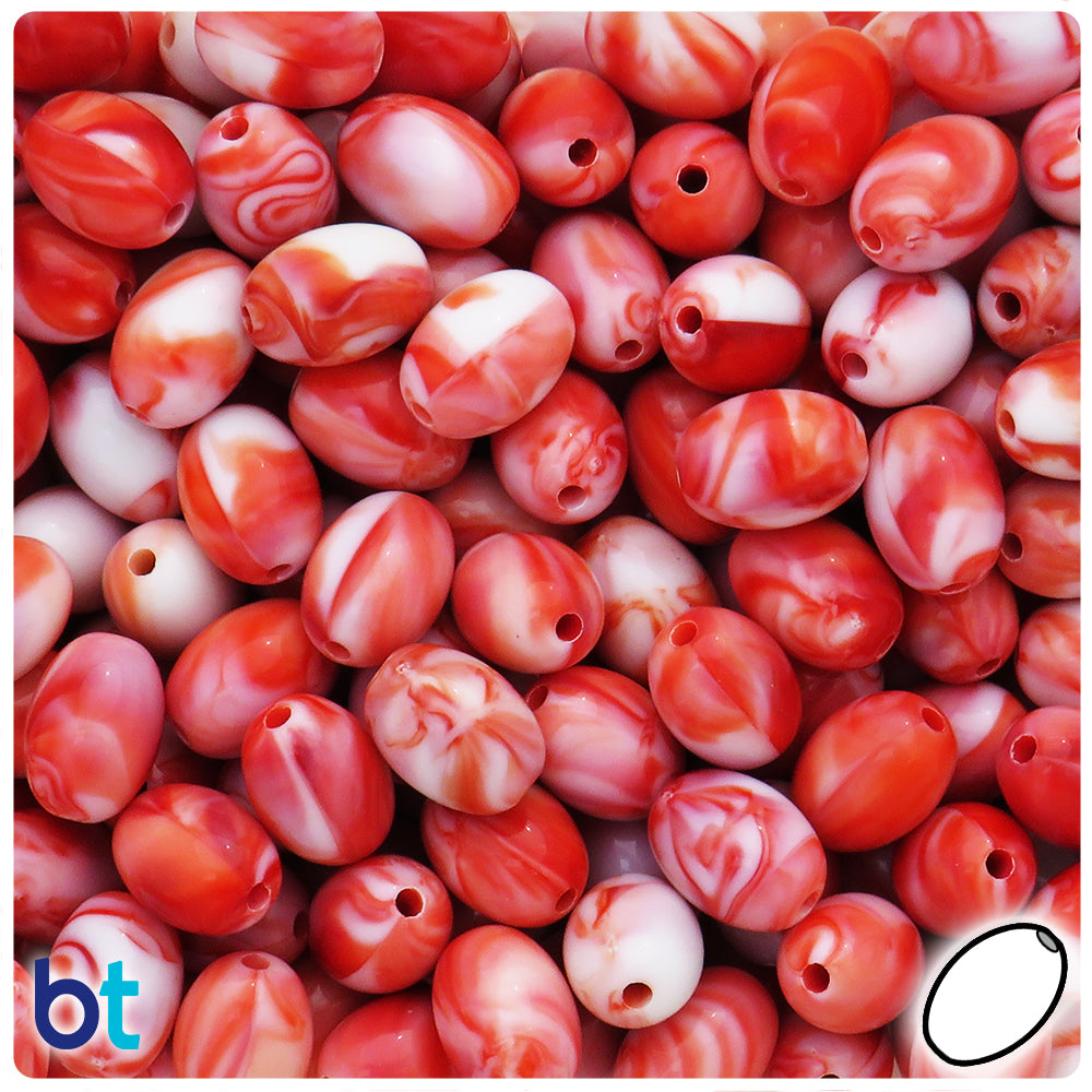 Red Marbled 13mm Oval Plastic Beads (60pcs)