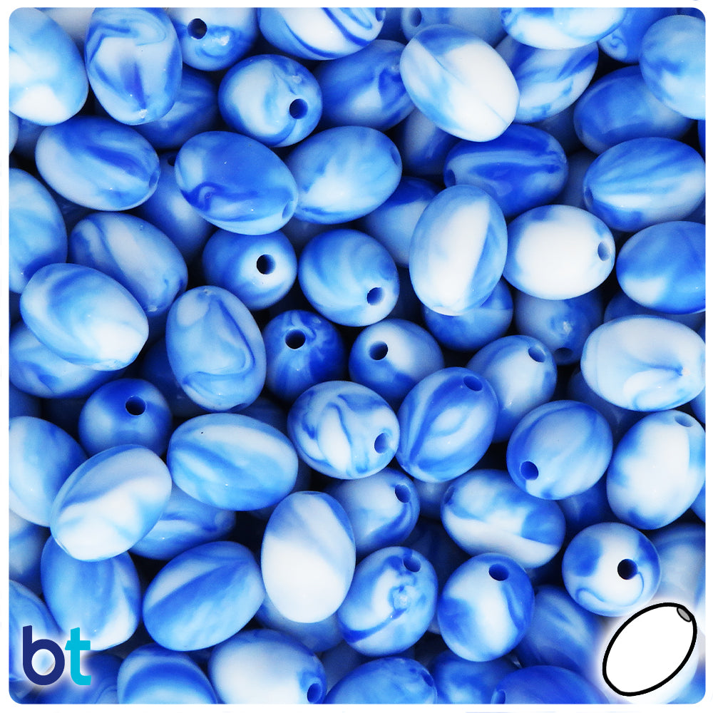 Blue Marbled 13mm Oval Plastic Beads (60pcs)