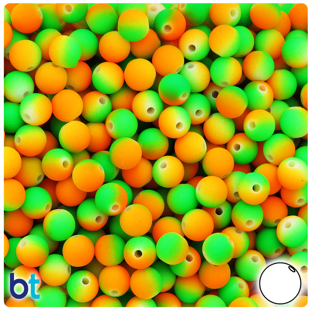 Orange & Green Neon Rubberized 8mm Round Plastic Beads (175pcs)