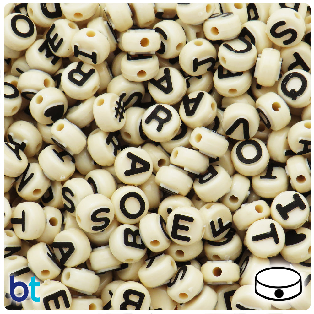 The Beadery Ivory Opaque 10mm Coin Alpha Beads - Black Letter Mix (144pcs)