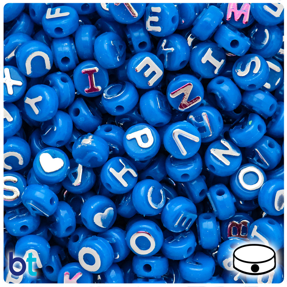 True Blue Neon Bright 10mm Coin Alpha Beads - Silver Letter Mix (144pcs)