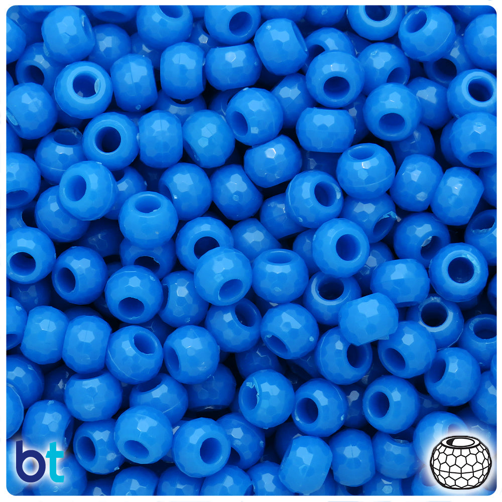 True Blue Neon Bright 9mm Faceted Barrel Pony Beads (100pcs)