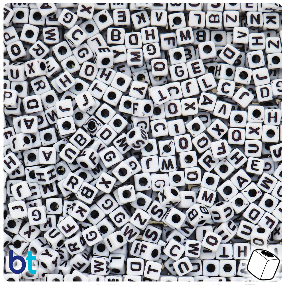 White Opaque 5mm Cube Alpha Beads - Black Letter Mix (1250pcs)