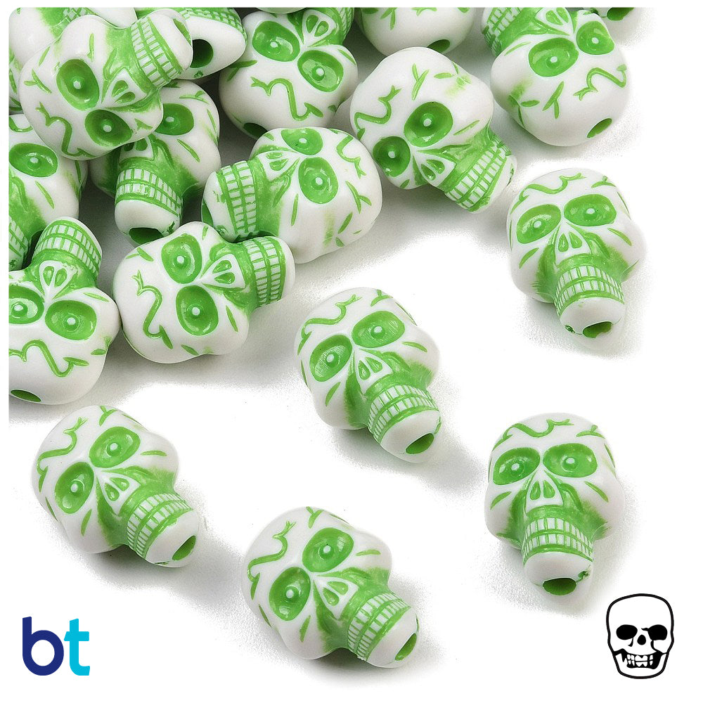 White Opaque 23mm Skull Plastic Beads - Green Details (24pcs)
