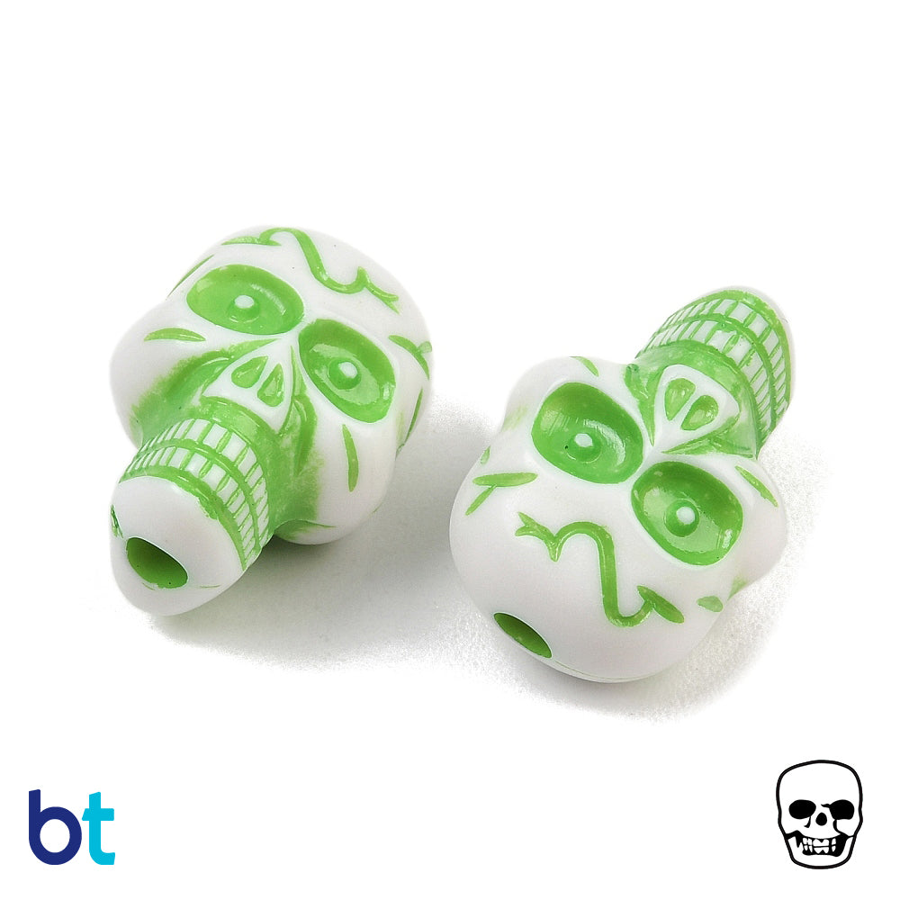 White Opaque 23mm Skull Plastic Beads - Green Details (24pcs)