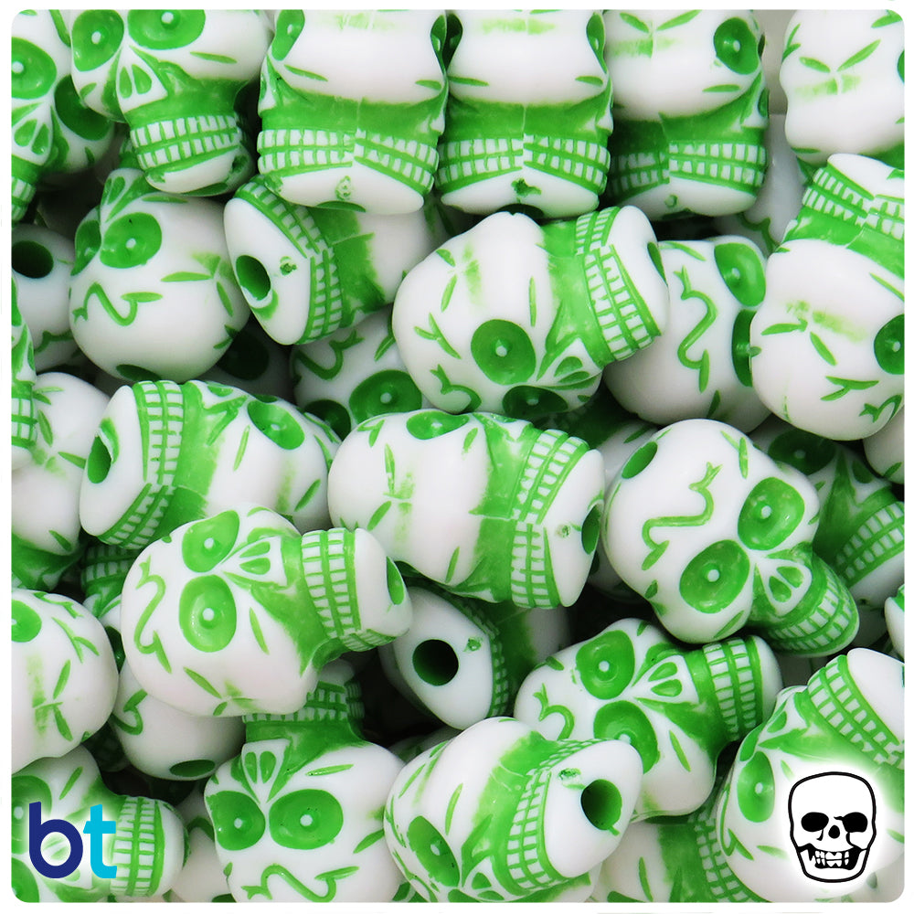 White Opaque 23mm Skull Plastic Beads - Green Details (24pcs)
