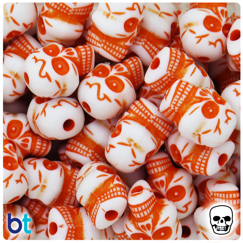 White Opaque 23mm Skull Plastic Beads - Orange Details (24pcs)