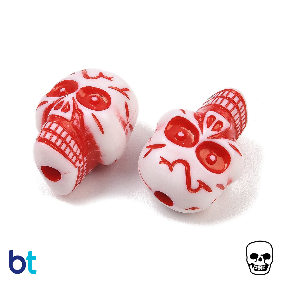 White Opaque 23mm Skull Plastic Beads - Red Details (24pcs)