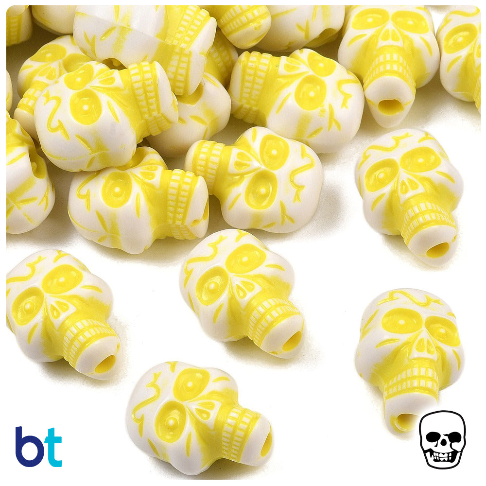 White Opaque 23mm Skull Plastic Beads - Yellow Details (24pcs)