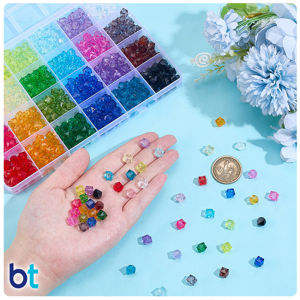 Transparent 8mm Faceted Cube Plastic Beads (Box/24 Colors)