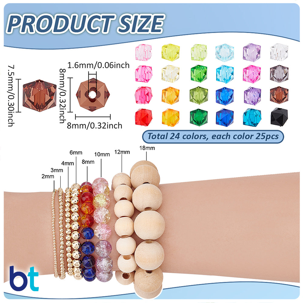 Transparent 8mm Faceted Cube Plastic Beads (Box/24 Colors)