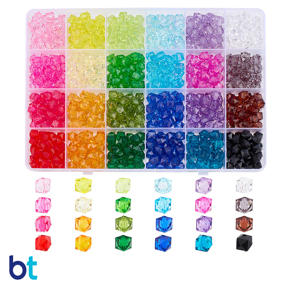 Transparent 8mm Faceted Cube Plastic Beads (Box/24 Colors)