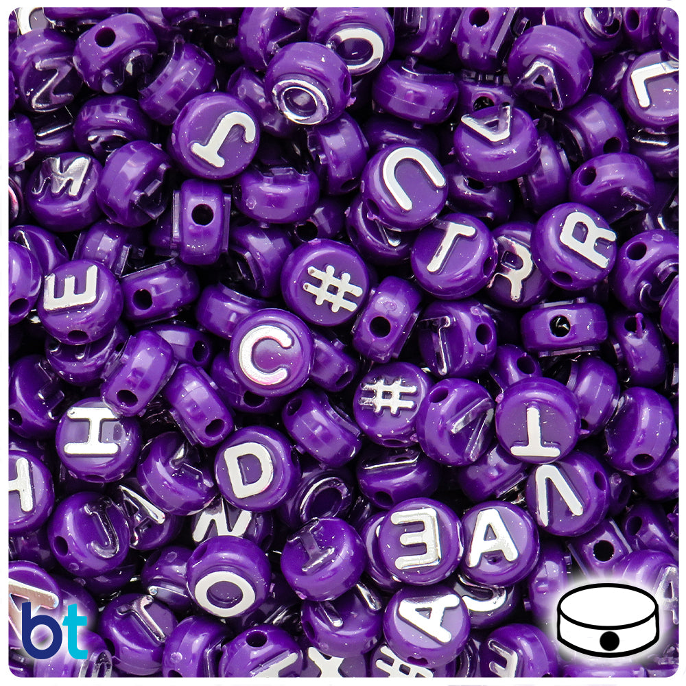 Plum Neon Bright 10mm Coin Alpha Beads - Silver Letter Mix (144pcs)