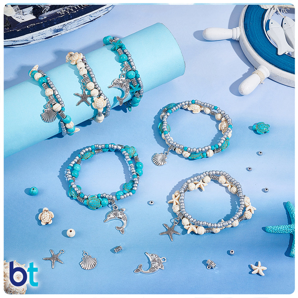 Turquoise, Ivory & Silver Beach Life Plastic Beads (Box)