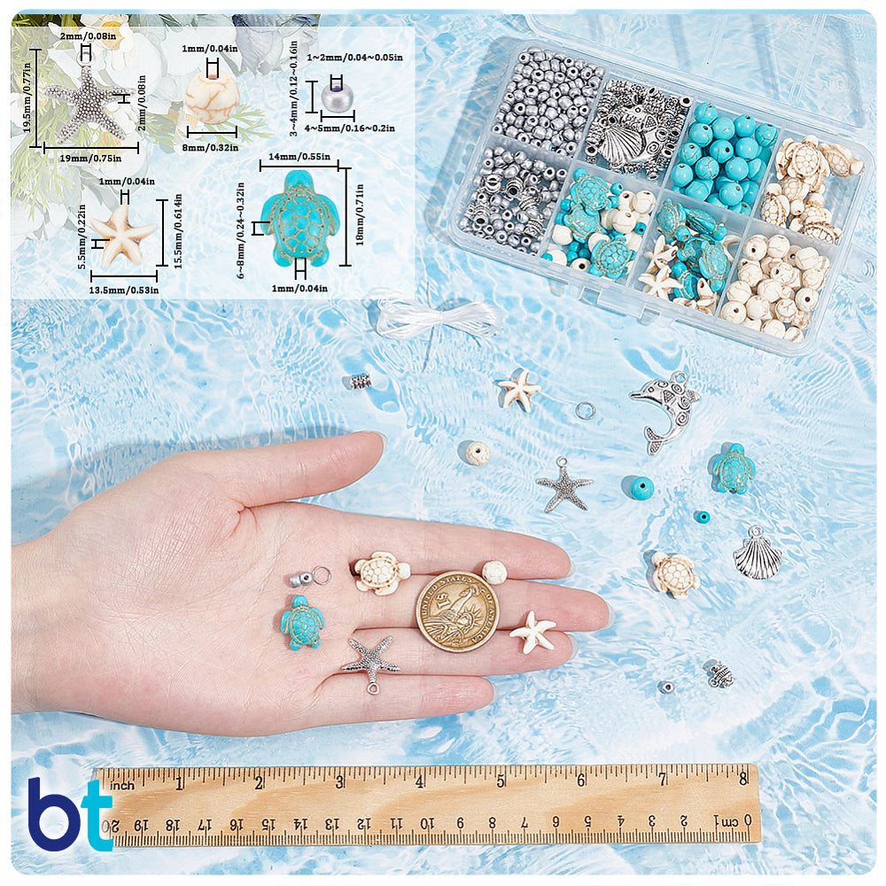Turquoise, Ivory & Silver Beach Life Plastic Beads (Box)