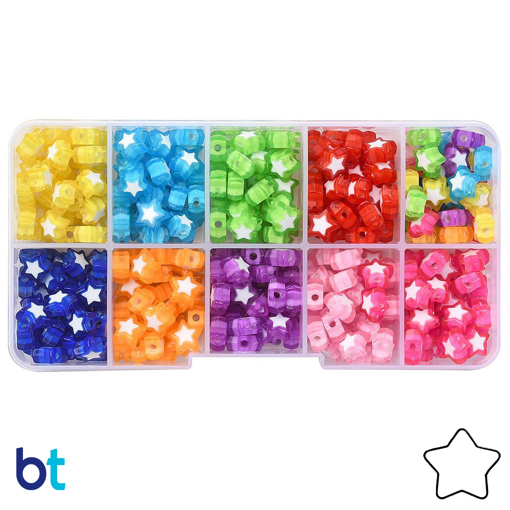 Transparent 9mm Star Plastic Beads - White Core (Box/9 Colors)