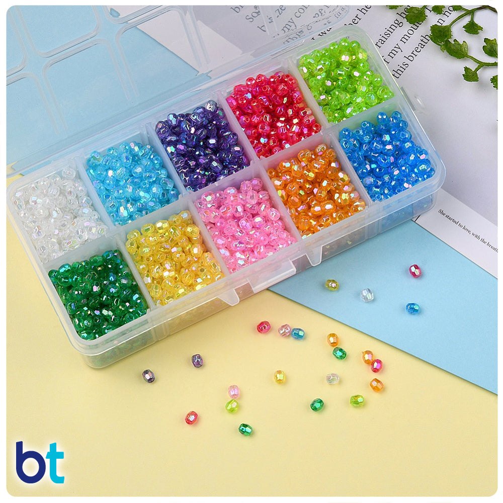 Transparent AB 4mm Faceted Barrel Plastic Beads (Box/10 Colors)