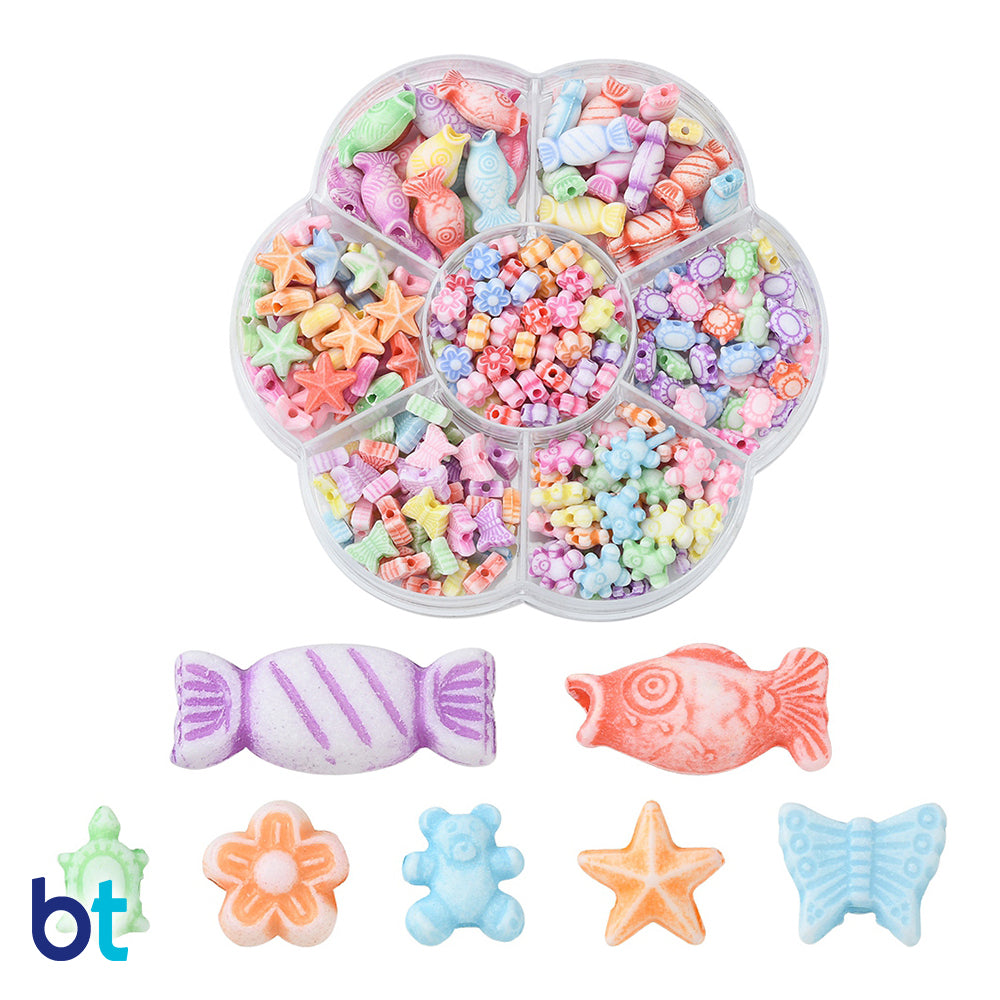 White Opaque Assorted Shape Plastic Beads - Colored Details (Box/7 Shapes)