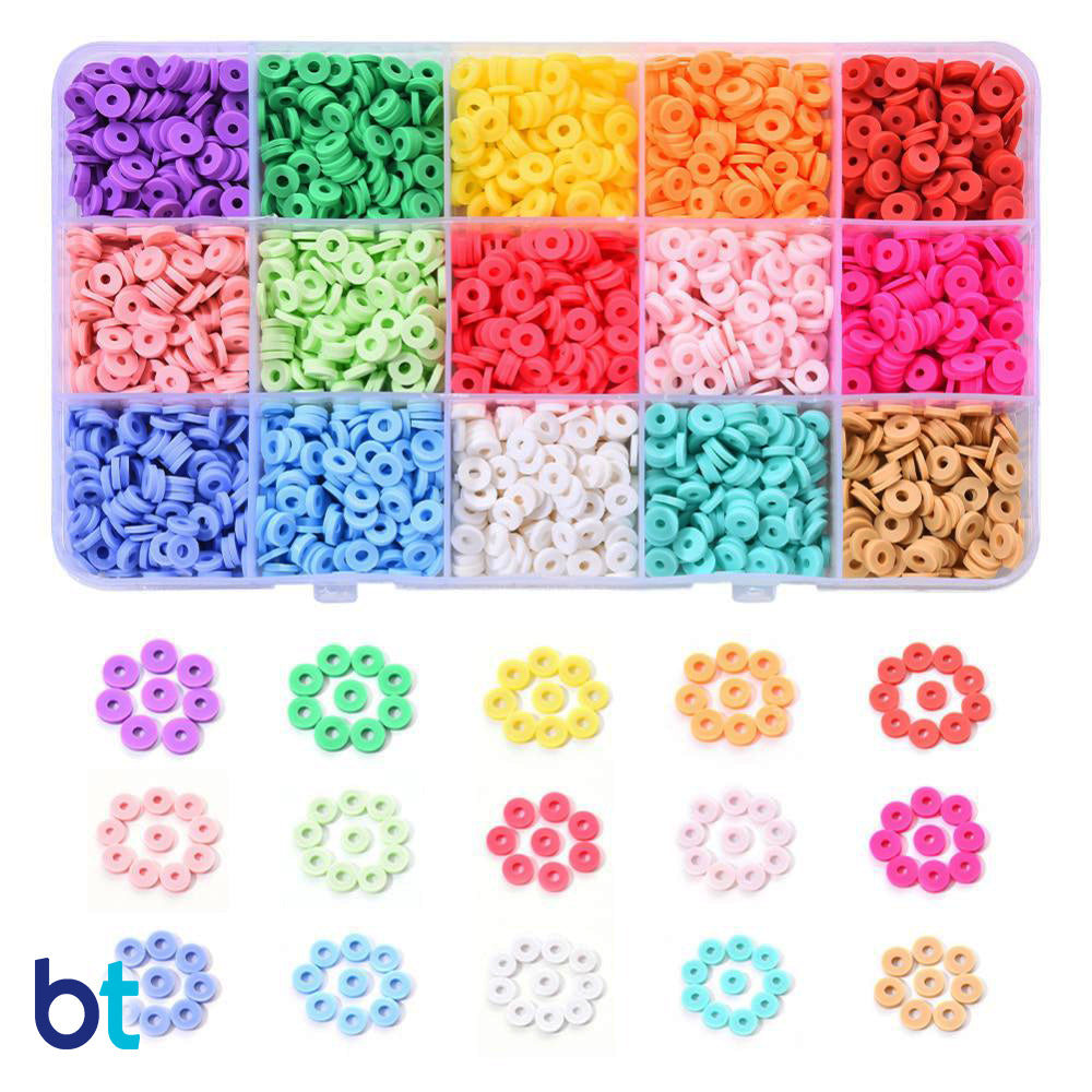 Mixed Opaque 6mm Heishi Disc Polymer Clay Beads (Box/15 Colors)