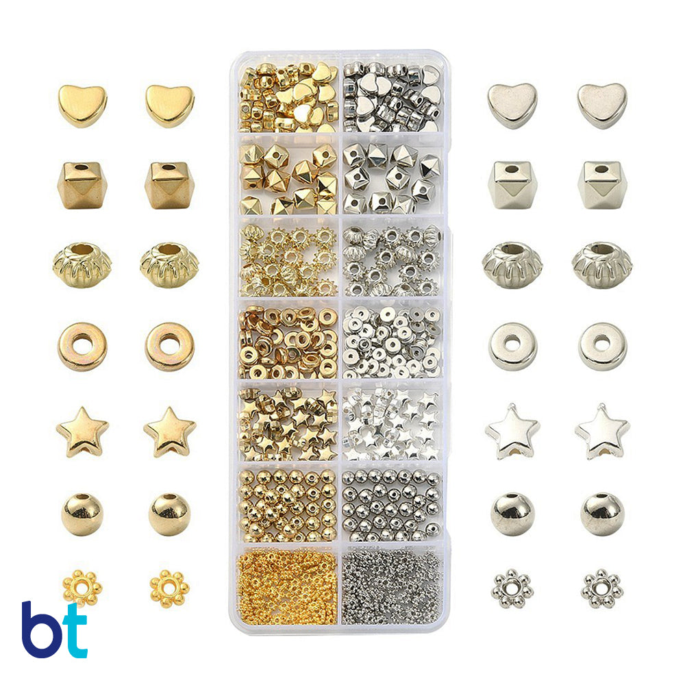 Silver & Gold Metallic Mixed Shapes Plastic Spacer Beads (Box/12 Styles)