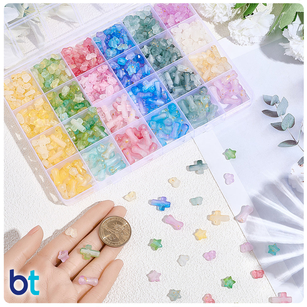 Mixed Transparent Gradient Gold Flake Variety Plastic Beads (Box/24 Styles)