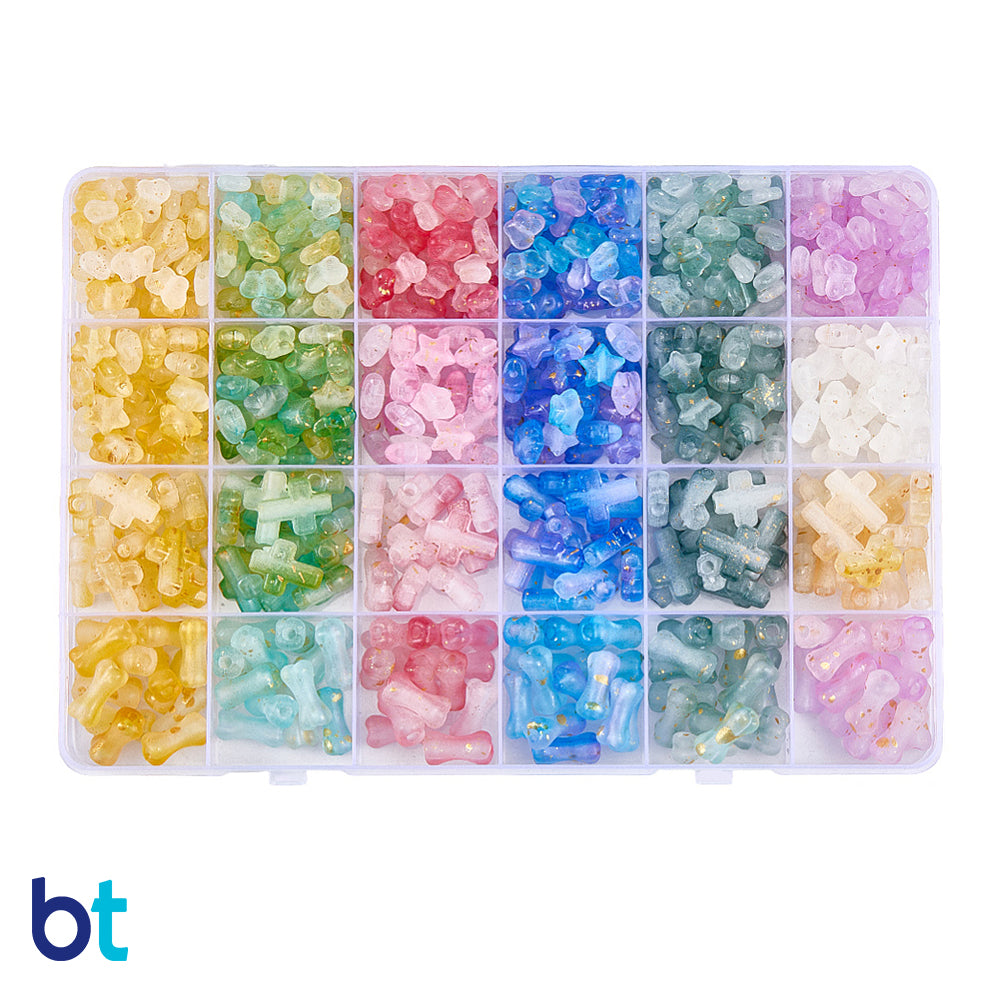 Mixed Transparent Gradient Gold Flake Variety Plastic Beads (Box/24 Styles)