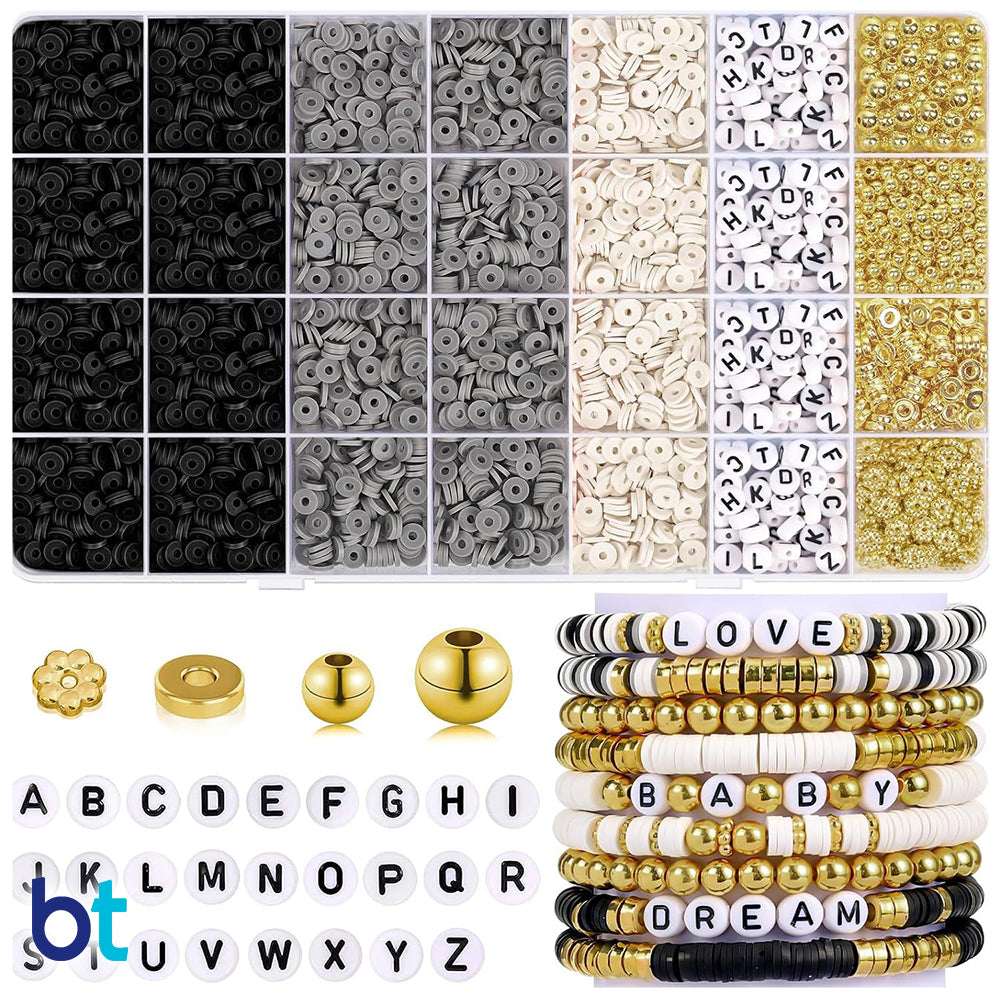 Black, White & Grey Heishi Disc Polymer Clay Alpha Bracelet Kit (Box)