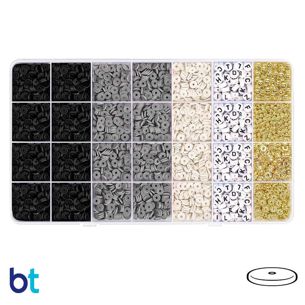 Black, White & Grey Heishi Disc Polymer Clay Alpha Bracelet Kit (Box)