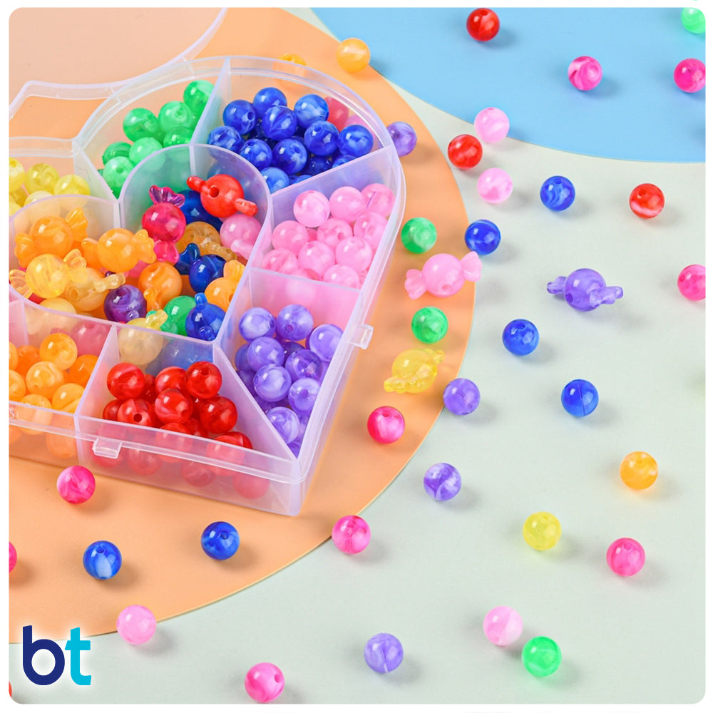 Mixed Marble 10mm Round & 22mm Candy Plastic Beads (Box/8 Colors)