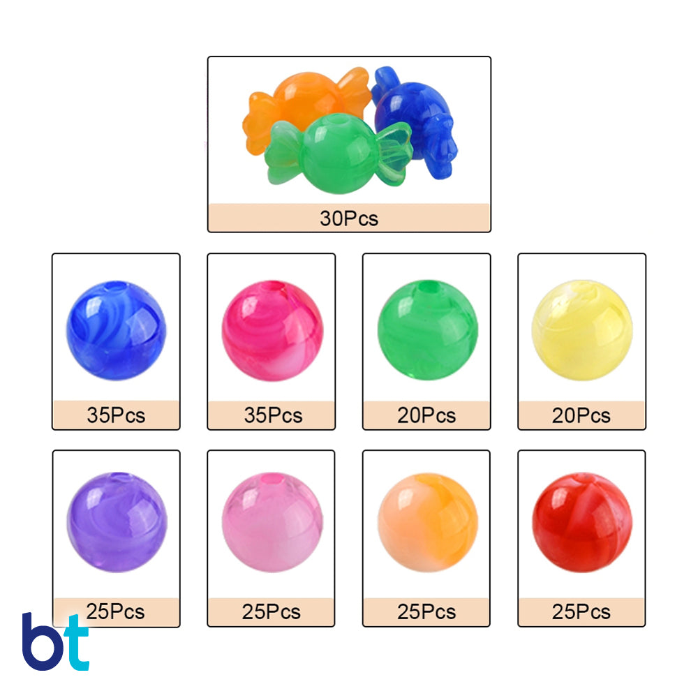 Mixed Marble 10mm Round & 22mm Candy Plastic Beads (Box/8 Colors)