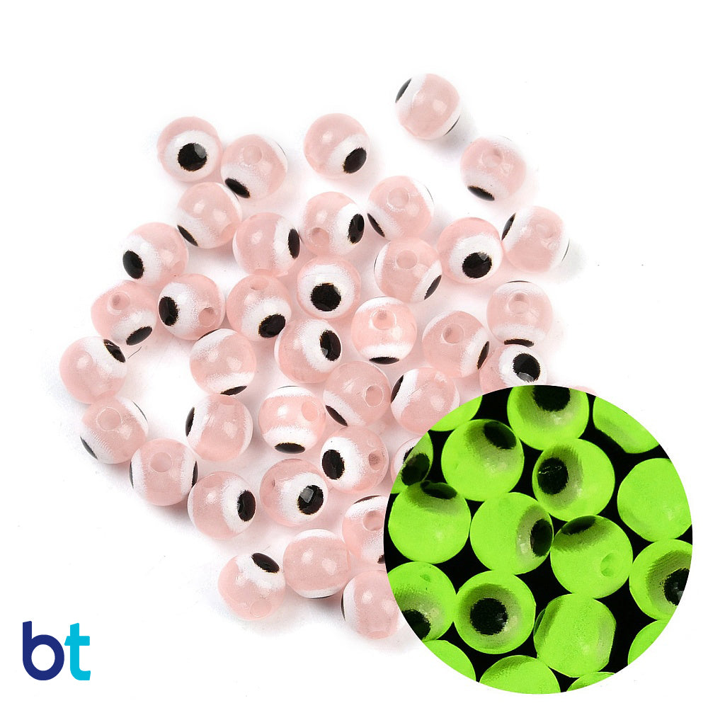 Pink Luminous 6mm Round Plastic Beads - Evil Eye Design (150pcs)