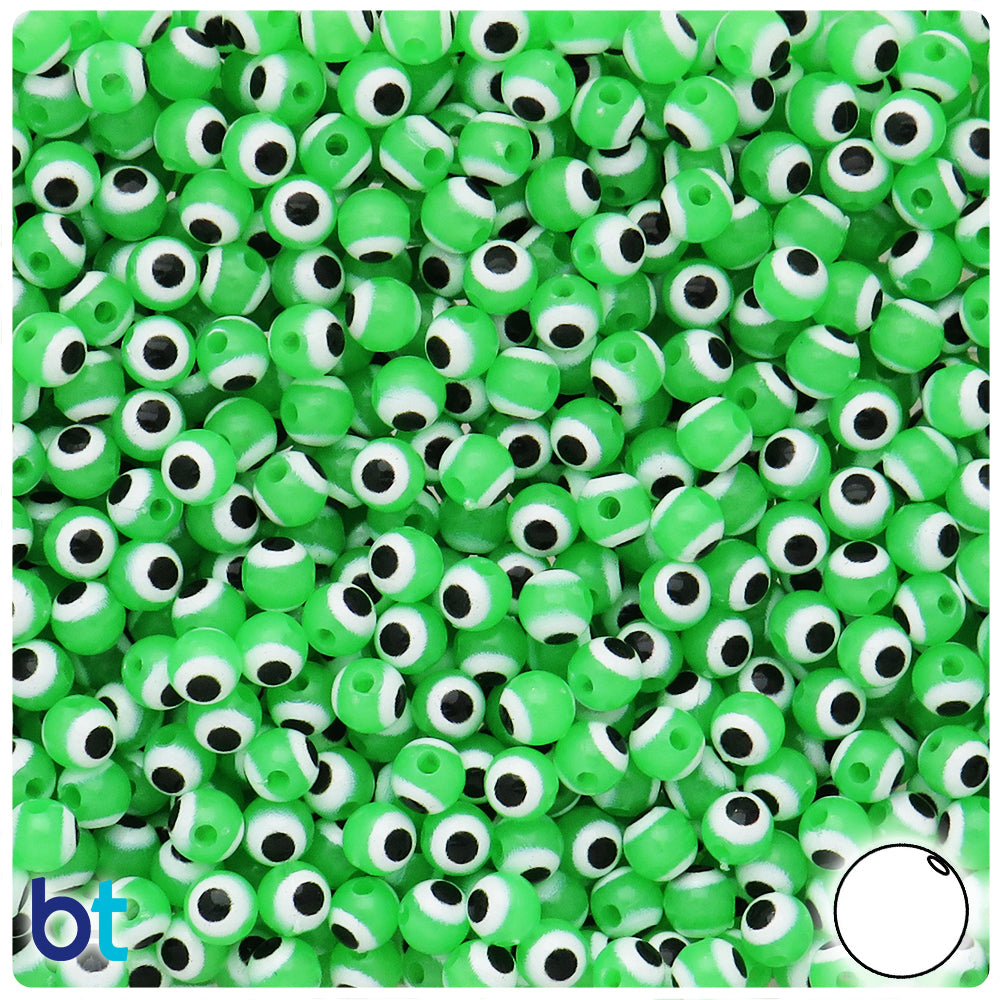 Green Luminous 6mm Round Plastic Beads - Evil Eye Design (150pcs)